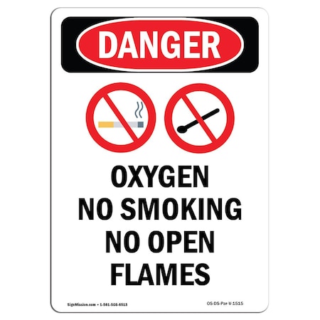 Signmission OSHA Danger Sign, Oxygen No Smoking No, 14in X 10in Aluminum, 10" W, 14" L, Portrait OS-DS-A-1014-V-1515